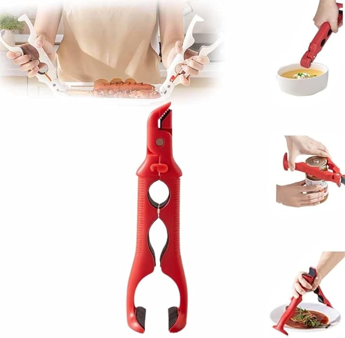 3-in-1 Hot Plate Gripper, 2025 NEW Multi-Angle Anti-Scald Bowl Holder Clip & Hot Plate Grabber Tool with Lock for Hot Bowl Cozy Holder, Hot Plate Gripper Tongs (Red 1PCS)