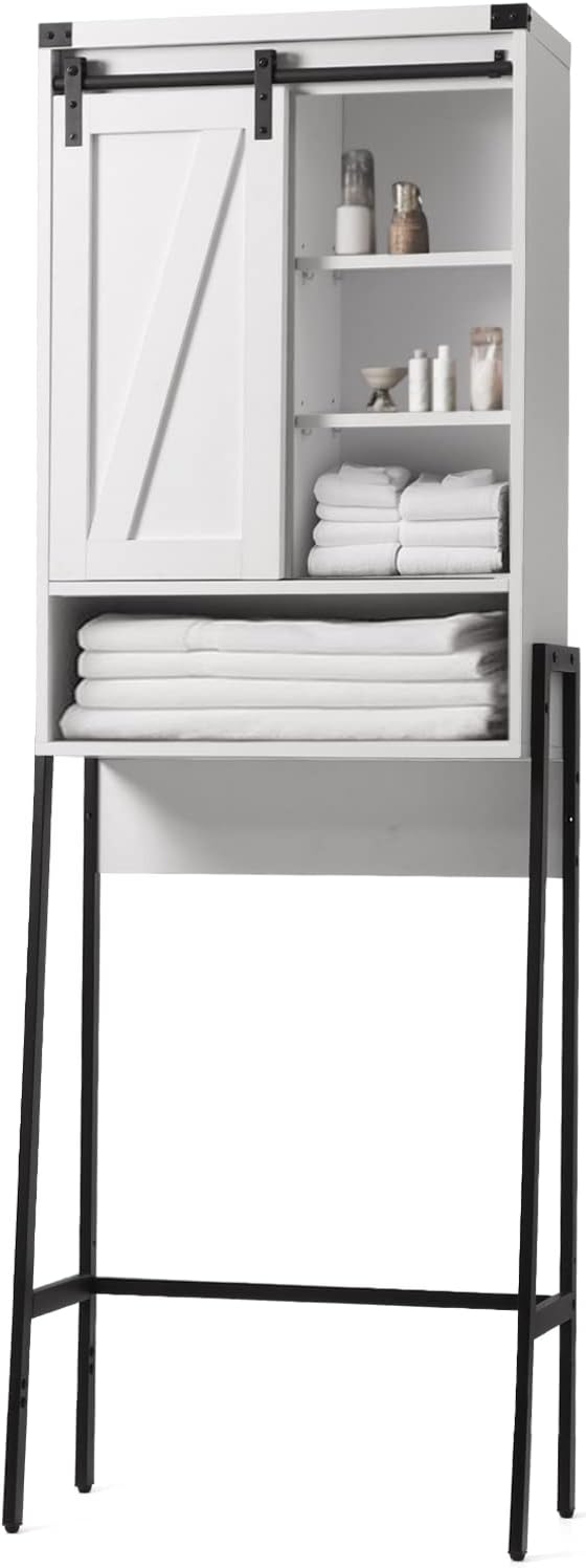 Over The Toilet Storage Cabinet, Behind Toilet Bathroom Organizer with Adjustable Shelves, Above Toilet Organizers with Barn Door, Space Saver for Restroom, Bathroom, Laundry, White