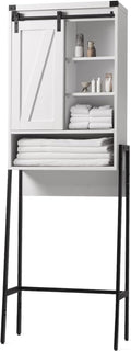 Over The Toilet Storage Cabinet, Behind Toilet Bathroom Organizer with Adjustable Shelves, Above Toilet Organizers with Barn Door, Space Saver for Restroom, Bathroom, Laundry, White
