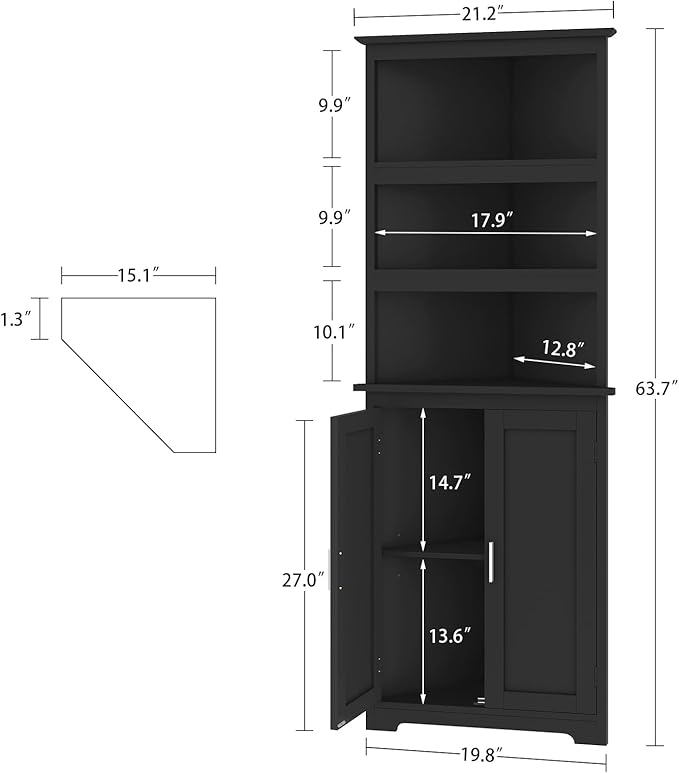 TEENFON Corner Cabinet, Tall Corner Hutch with 5 Shelves & 2 Doors, Bathroom Cabinet with Adjustable Shelf, for Living Room, Kitchen, Bathroom, Black