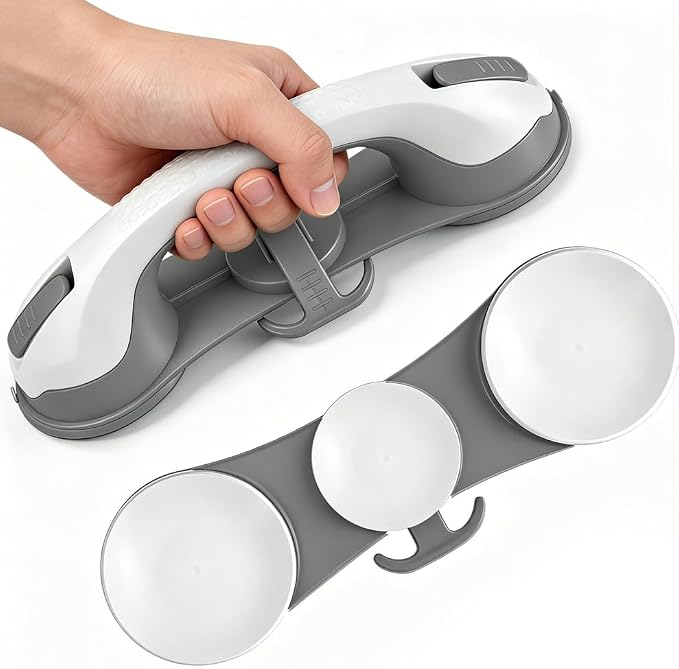 Grab Bars for Shower,Shower Handle with 3 Heavy Duty Suction Cups, Removable Bathtub Handrails for Elderly, No Drilling Waterproof Bathroom Safety Grip (Pewter)
