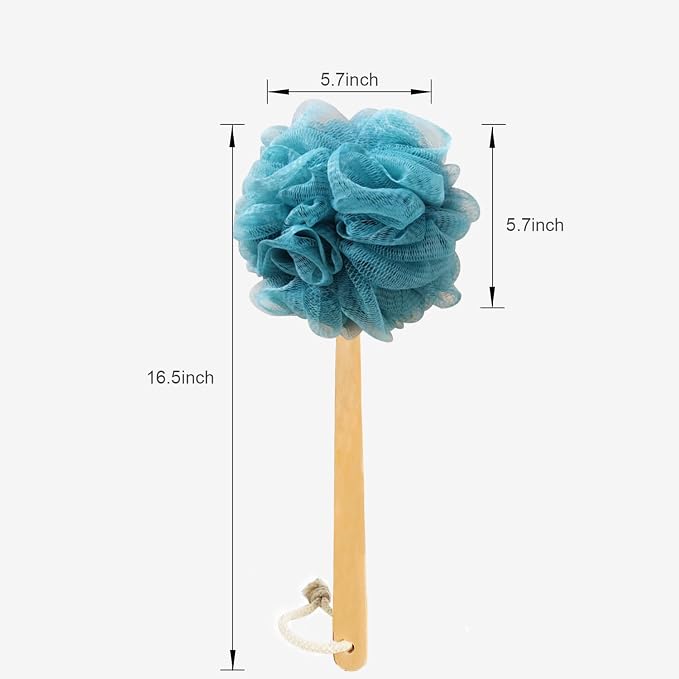 Teal Loofah with Handle - Back Scrubber Shower Sponge, Vibrant Exfoliating Luffa with PE Mesh and Wood Handle, Refreshing Bath Experience for Men and Women