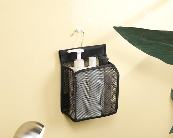 ALYER Hanging Mesh Shower Caddy Organizer Bathroom Storage Bag with Hooks for College Dorm, Gym, Swimming,RV and Travel,Black-2 Pack