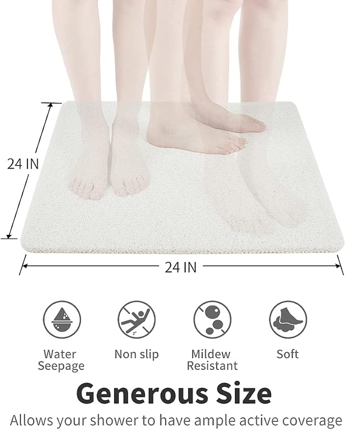 Non Slip Shower Mat, Comfortable Bath mat for Textured Surface,Quick Drying Easy Cleaning Shower Floor Mat for Wet Area,Without Suction Cups 24 x 24 (24"x24", White)