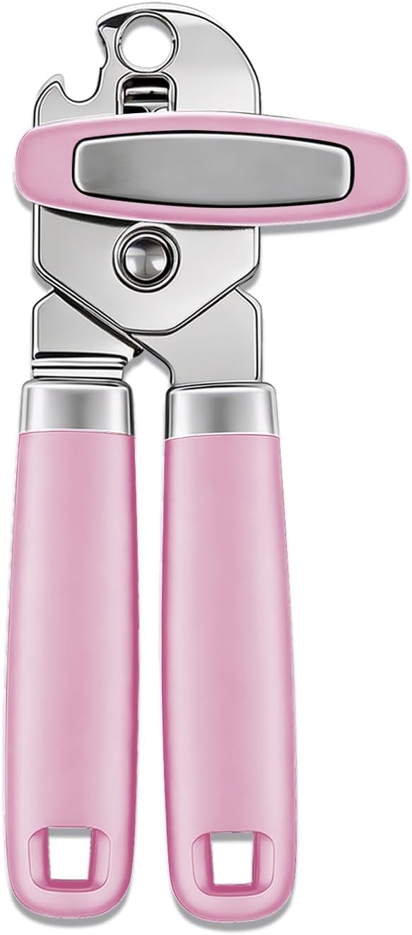 Can Opener Manual, Hand Heavy Duty Stainless Steel Bottle Opener Comfortable Handle, Sharp Blade Smooth Edge, Multifunctional Kitchen Tool, Pink
