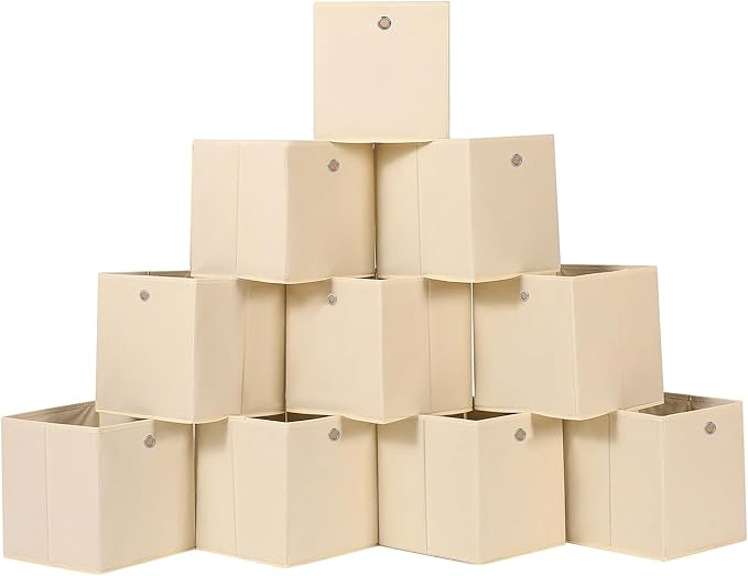 Foldable Storage Cubes Bins ,11 Inch Cloth Storage Cube Fabric Storage Box Cubes Organizer Baskets with Dual Handles for Home Organizer Set of 10 (Creamy-White)