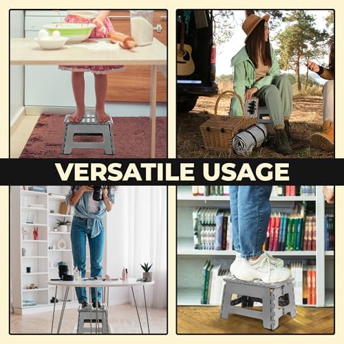 Utopia Home Folding Step Stool with Handle – 9 Inch Anti Slip Collapsible Stool – Holds Up to 300 lbs – Sturdy Plastic Step Stool Foldable for Kitchen, Bathroom and Home Use (1-Pack, Grey)