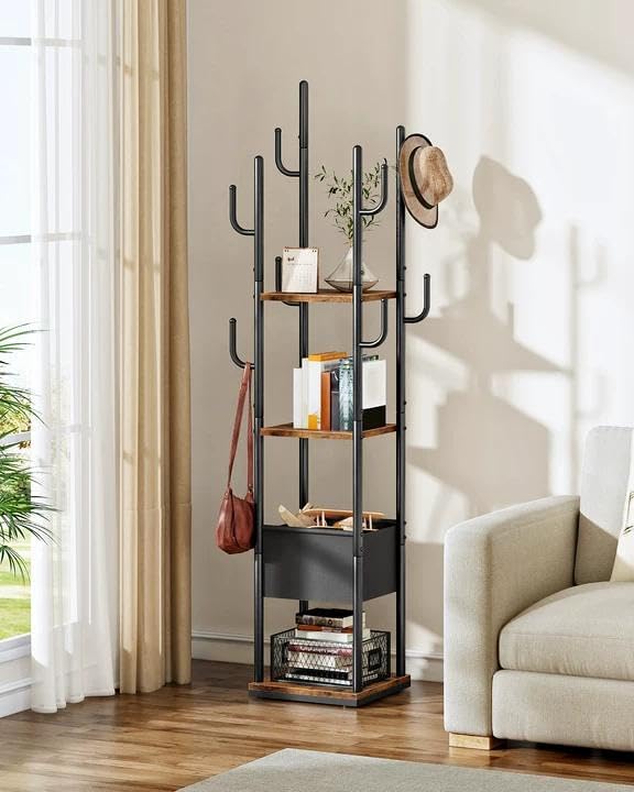 CHOEZON Coat Rack Freestanding, Coat Rack with 3 Shelves, 8 Hooks and 1 Fabric Pouch, Square Coat Hanger Stand, Metal Clothes Tree for Living Room, Bedroom, Entryway, Rustic Brown and Black TYM03BF