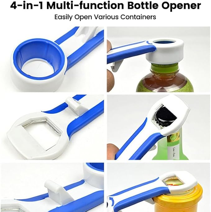 Pop Bottle Opener 4-in-1 Jar Top Twist Cap Remover Multifunctional Soda Can Tabs Opener for Seniors Grip Water Lid Lifter Kitchen Gadgets for Arthritis Easy Canning Tool Protector (Bule)