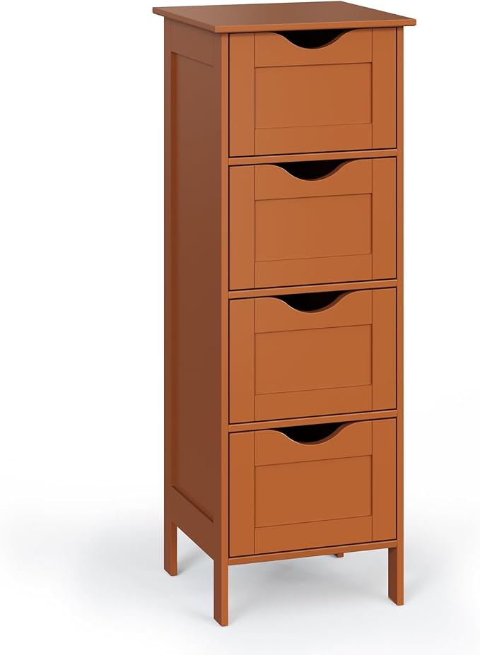 Bonnlo Skinny Bathroom Floor Storage Cabinet,White 12 Inch Wide Deep Small Storage Organizer with 4 Drawers, Brown Wooden Modern Thin Free Standing Tower Cabinet for Bathroom, Living Room