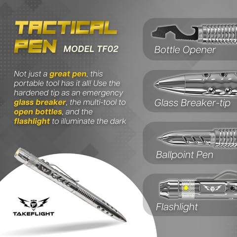 Tactical Pen – Self Defense Survival EDC Pen with LED Flashlight, Glass Breaker & Bottle Opener – Military Multitool Pen for Men & Women – Veteran-Owned TakeFlight – 2 Ink Refills + Extra Battery