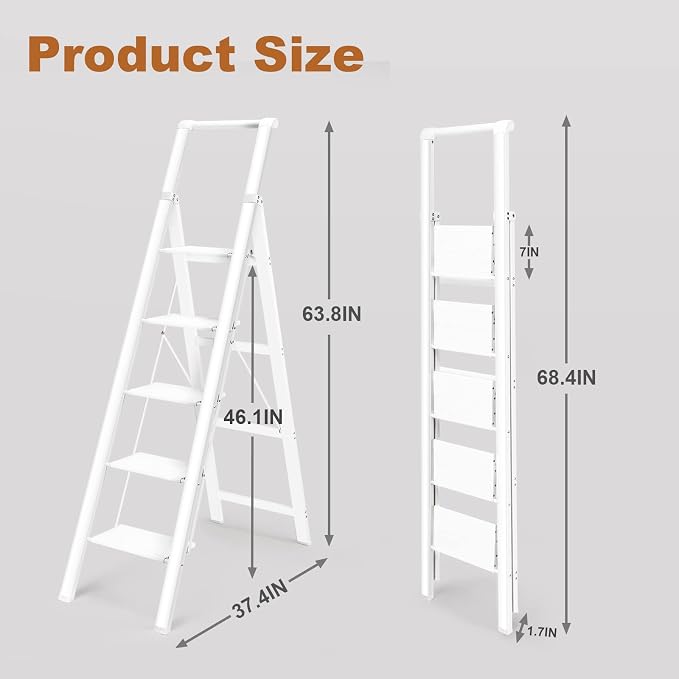 HBTower 5 Step Ladder, Aluminum Ladder with Handrails, Folding Step Stool for Adults, 330LBS Capacity Sturdy& Portable Ladder for Home Kitchen Library Office, White