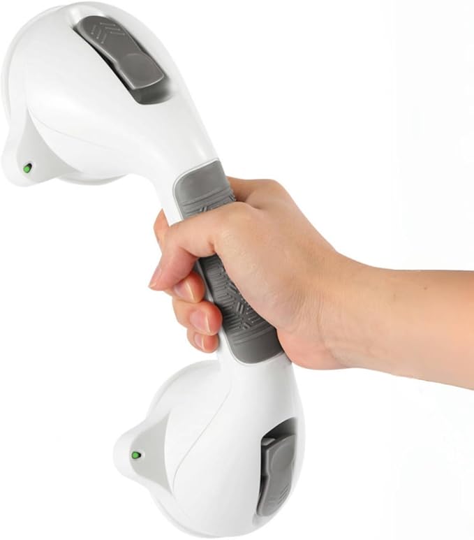 Suction Grab Bar with Safety Indicator for Bathtub Shower Bathroom, Heavy Duty Handrail Removable Reusable for Elderly Disabled and Kids, Anti-Slip Grip, No Drilling Tool Free, Waterproof Grey