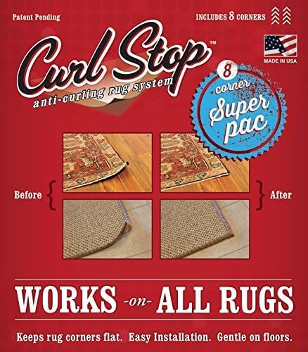 Original Curl Stop Anti-Curling Rug Gripper System to Prevent Rug Corner Curling, Rigid Rug Corner Gripper with Floor-Safe Adhesive, Ultra-Slim Support for Indoor & Outdoor Rugs, Pack of 8