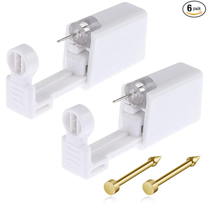 Nose Piercing Gun Kit 6Pcs Disposable Nose Piercing Kit Including 2Pcs Self Nose Piercing Gun with 2PCS Built-in Nose Stud and 2PC Clean Tools for Nose Cartilage Piercing Kit(Gold)