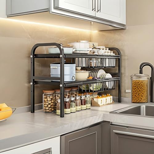 Under Sink Organizer，2 Tier Expandable Heavy Duty Metal Shelf，with 5 Removable Panels and 5 Storage Basket for Under Kitchen Bathroom Sink Organizers and Storage(Black, Large)