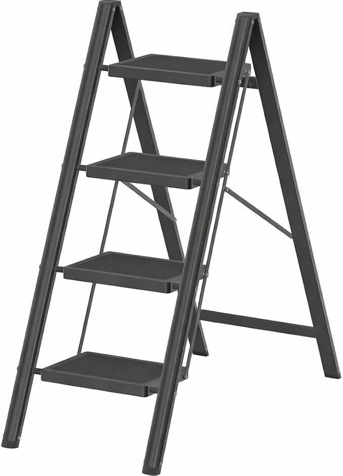 DIAMONDFORGE 4 Step Ladder, Folding Step Stool & Collapsible Stool for Kitchen, 330lbs Capacity with Wide Anti-Slip Pedal & Feet, Sturdy Steel Step Ladder for Home and Office, Black
