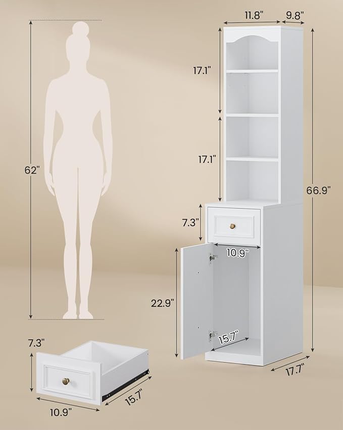 67" Tall Bathroom Storage Cabinet with 4 Open Shelves, Drawer & Cabinet, L-Shaped Narrow Bathroom Storage Cabinet with Adjustable Shelf, Bathroom Storage Cabinet for Bathroom, Living Room, White