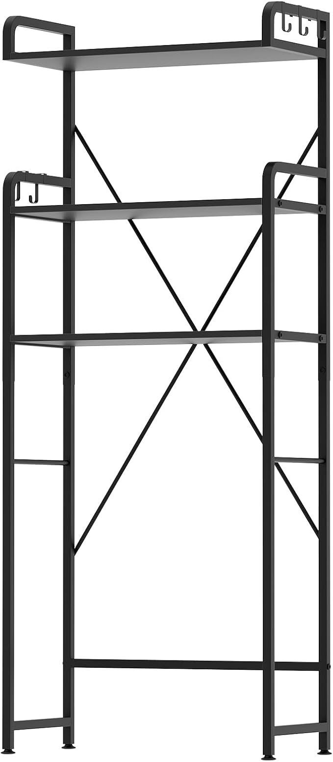 Over The Toilet Storage Cabinet, 3-Tier Bathroom Organizers and Storage with Hooks, Freestanding Shelf Toilet Rack, Small Bathroom Laundry Space Saver with Towel Rack & Toilet Paper Holder(Black)