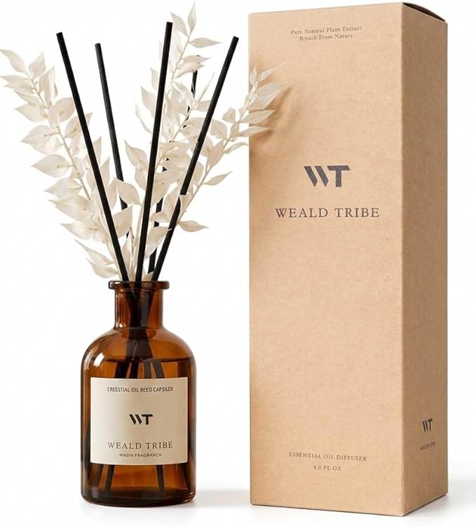 WEALD TRIBE Reed Diffuser Set for Bathroom Air Fresheners, Oil Diffuser Sticks | Hotel White Tea Scent 4.0 fl oz Home Fragrance with Sticks Defusers | House Bedroom Office Shelf Decor