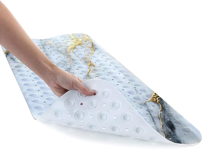 LNOND Marble Bath Tub Mat Non Slip, Extra Long 40 X 16 Inch Anti Slip Mat for Bathtub, White Gold Marble Shower Mat with Drain Holes and Suction Cups, Machine Washable