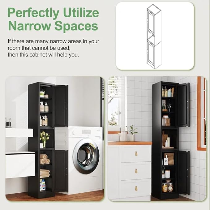 Ckzbx Tall Narrow Storage Cabinet 66.93" H Tall Bathroom Cabinets Metal Pantry Cabinet, 4 Adjustable Shelves for Kitchen, Home Office, Living Room, Dinning Room (12 inches Wide Black)