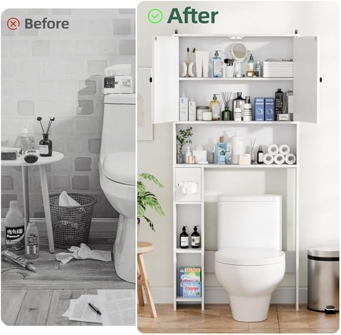 Over The Toilet Storage Cabinet with Barn Doors, Freestanding Bathroom Space Saver Organizer Over Toilet with Adjustable Shelves & Toilet Paper Holder, Waterproof Bathroom Cabinet, White