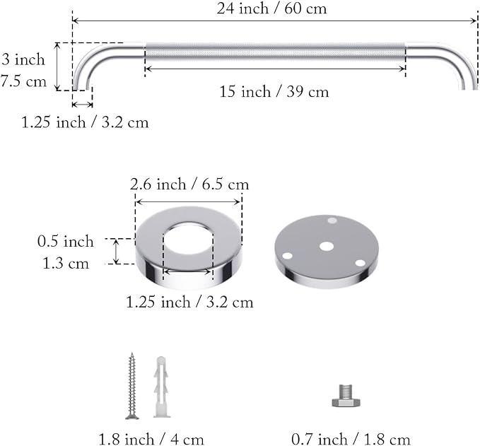 2 Pack 24 Inch Anti Slip Shower Grab Bar 1.25" Diameter,Munzong Stainless Steel Bathroom Grab Bar,Knurled Bathroom Balance Bar,Safety Handrail Support,Handicap Injury Elderly Senior Assist Bath Handle