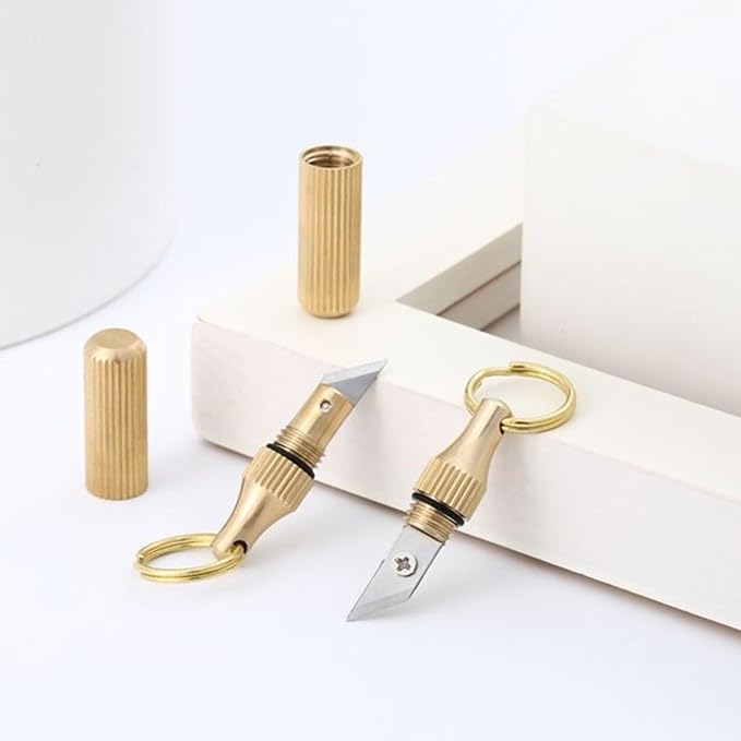2 Pcs Brass Keychain Package Opener - Compact Multi - Function Tool with Secure Lock, Portable for Travel/Office/Daily Use, Capsule Pendant Knife for Keys Unboxing
