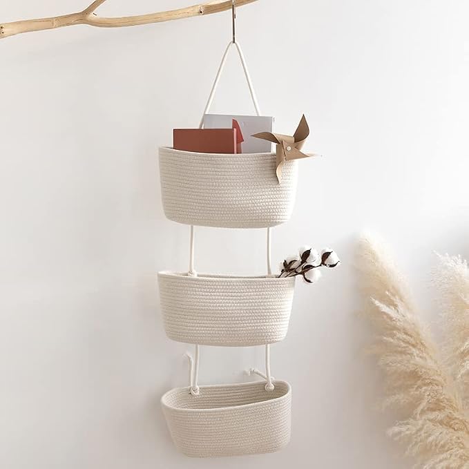 TeoKJ Over the Door Hanging Basket, 3-Tier Woven Cotton Wall-Mounted Storage Organizer Bag Decorative Hanging Nursery Baskets, White
