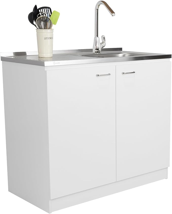 Tuhome Napoles Utility Sink Base Cabinet with Integrated Stainless Steel Countertop, Freestanding Cabinet with Double Doors, Interior Shelf for Laundry Room, Utility Room, Mudroom or Kitchen