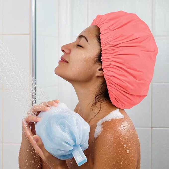Reusable Shower Cap for Women, Large Waterproof Shower Bonnet with Elastic Band, Washable Bath Hair Cap for Long, Curly Hair, Braids, Daily Shower, Home Spa, Travel(Orange Pink)