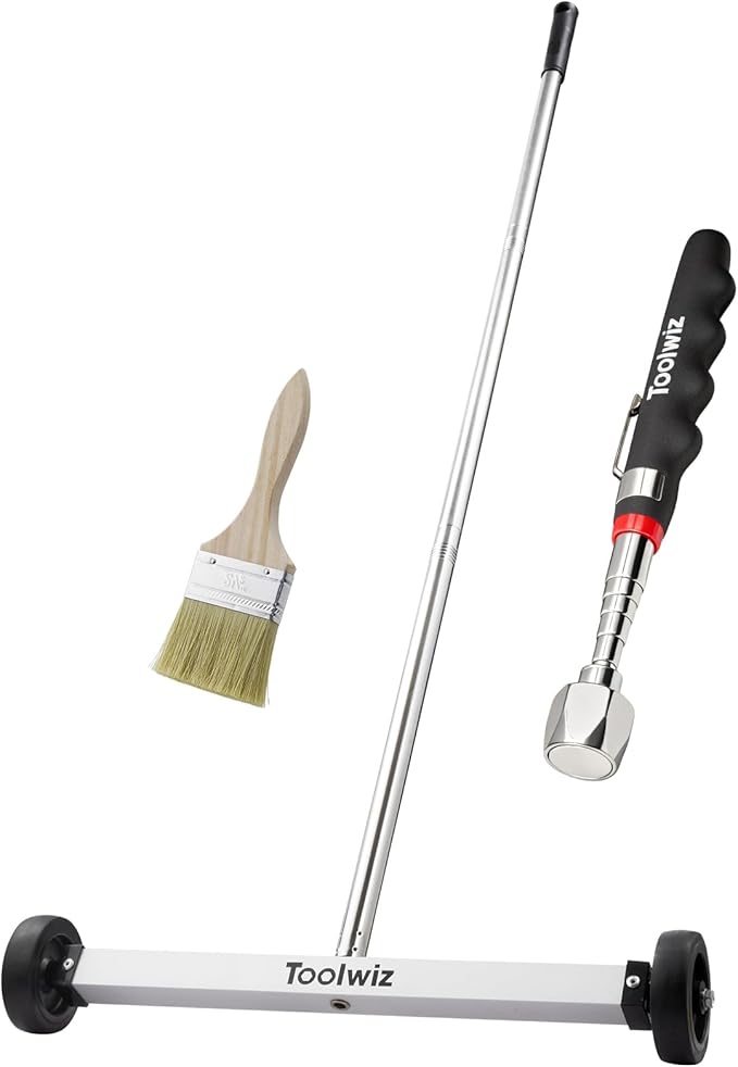 Toolwiz 17" Rolling Magnetic Sweeper 8.8lbs, with 16 lbs Telescopic Magnetic Pick Up Tools –Lightweight Pick-up Sweeper with Wheels for Nails, Screws & Metal Debris Home Use Workshop Garage