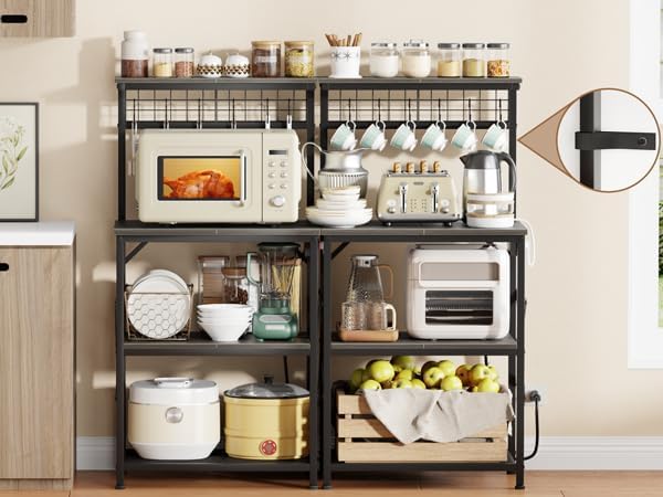 Furologee Kitchen Bakers Rack with Power Outlet, Coffee Bar Station with Storage 4 Tiers, Microwave Oven Stand with 6 S Hooks, Kitchen Storage Shelves Rack for Spices, Pots, Black Oak
