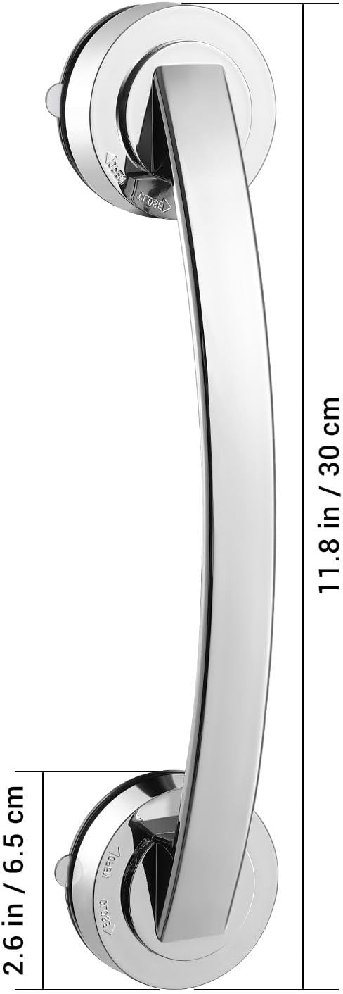 Cabilock Silver Suction Grab Bar for Shower & Bathtub – 12 Inch Chrome Finish Safety Handle, Drill-Free Balance Assist for Seniors, Elderly & Disabled, Portable Bathroom Support Grip