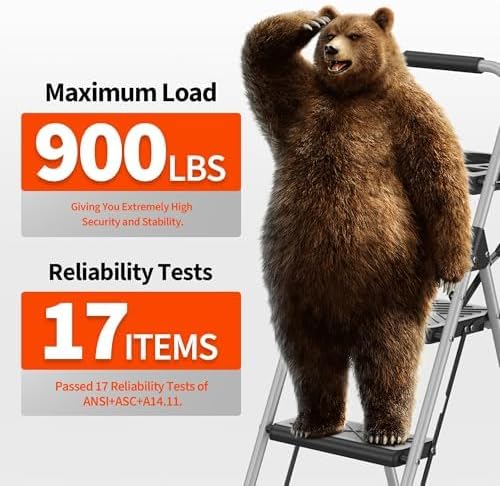 DIAMONDFORGE 4 Step Ladder, Folding Step Stool with Anti-Slip Wide Pedal, Soft Handle, Anti-Slip Feet, Heavy-Duty Steel Construction, 900lbs Capacity Steel Ladder for Home Office, Grey