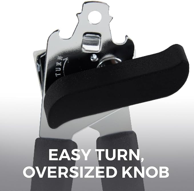 Kitchen Genie Slip Resistant Stainless Steel Manual Can Opener, Sharp Blade for Smooth Edge Cuts, Easily Open Cans, Ergonomic Handles with Easy to Turn Knob, Built-In Bottle Openers, Pitch Black