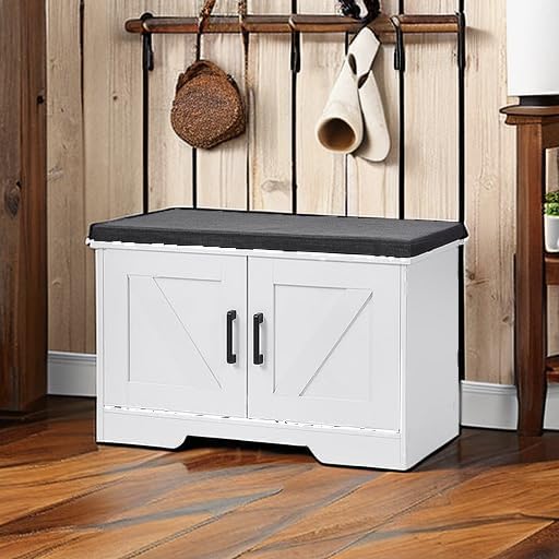 HOMSHO 2-Tier Storage Bench, 27.6" Wide Shoe Bench with Padded Seat Cushion, Entryway Bench with 2 Barn Doors and Adjustable Shelf, White