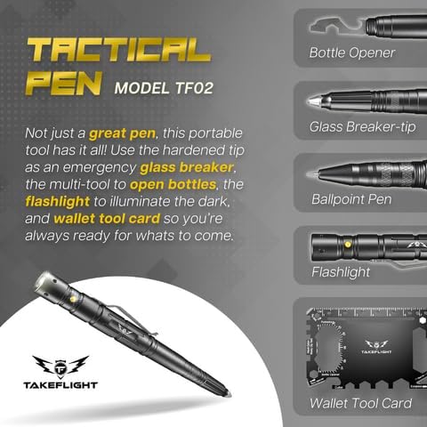 Tactical Pen – Self Defense Survival EDC Pen with LED Flashlight, Glass Breaker & Bottle Opener – Military Multitool Pen for Men & Women – Veteran-Owned TakeFlight – 2 Ink Refills + Extra Battery