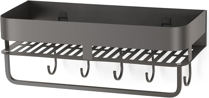 Extended version Adhesive Shower Caddy, 15.7 inch Stainless Steel Shower Shelves for Inside Shower with Hooks & Towel Bar-No Drilling(Gun Gray)