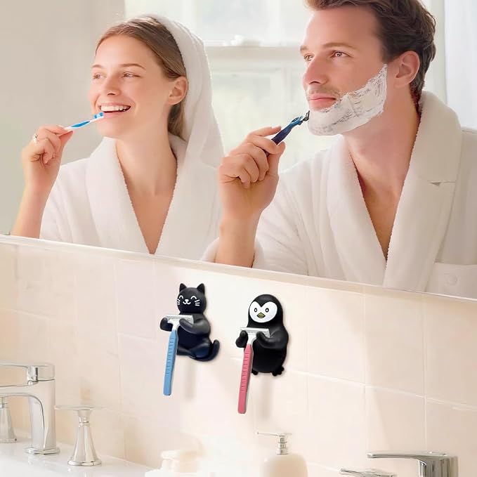 Cute Cat and Penguin Waterproof Self-Adhesive Shower Hook Set, Black Cat and Penguin Razor Holder Bathroom Accessories for Men Women Animal Lover, Animal Lover Bathroom Decor Gifts for Women Men