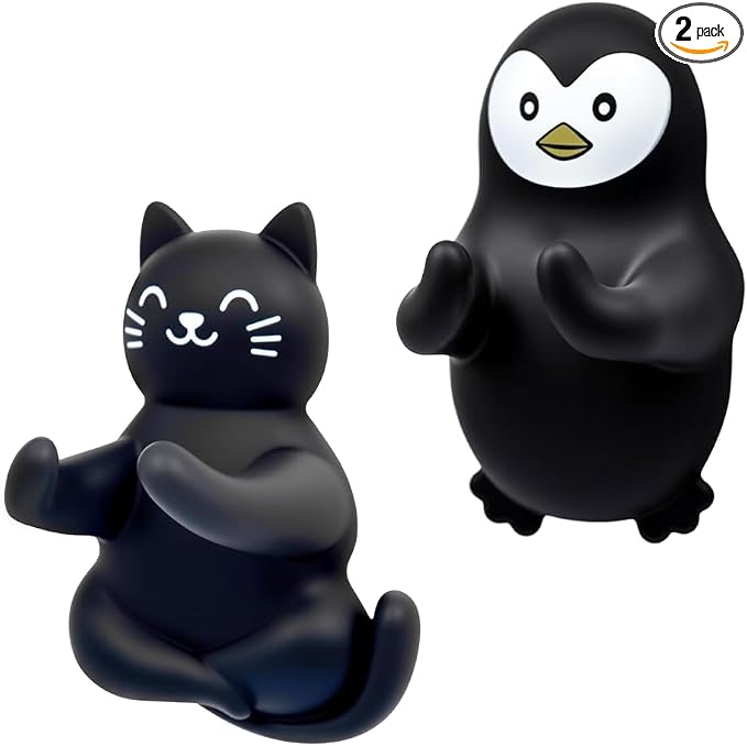 Cute Cat and Penguin Waterproof Self-Adhesive Shower Hook Set, Black Cat and Penguin Razor Holder Bathroom Accessories for Men Women Animal Lover, Animal Lover Bathroom Decor Gifts for Women Men