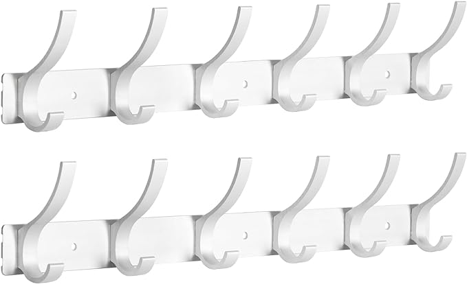 Optish Coat Rack Wall Mount, Coat Hook Wall Mount, Wall Hooks for Hanging, Hat Rack for Walls, Coats Hanger with 12 Hook, Towel Hooks for Bathrooms (2 Pack, Silver)