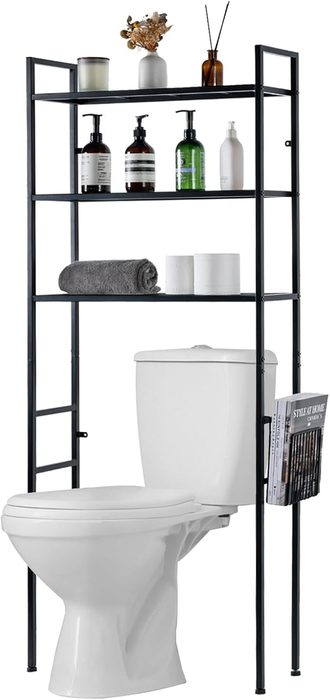 MyGift 3 Tier Over The Toilet Storage, Freestanding Bathroom Organizer Shelf, Above Toilet Rack with Removable Magazine Holder Basket, Black Metal Cabinet for Laundry Space Saver, 26.4x7.8x63.6 Inch