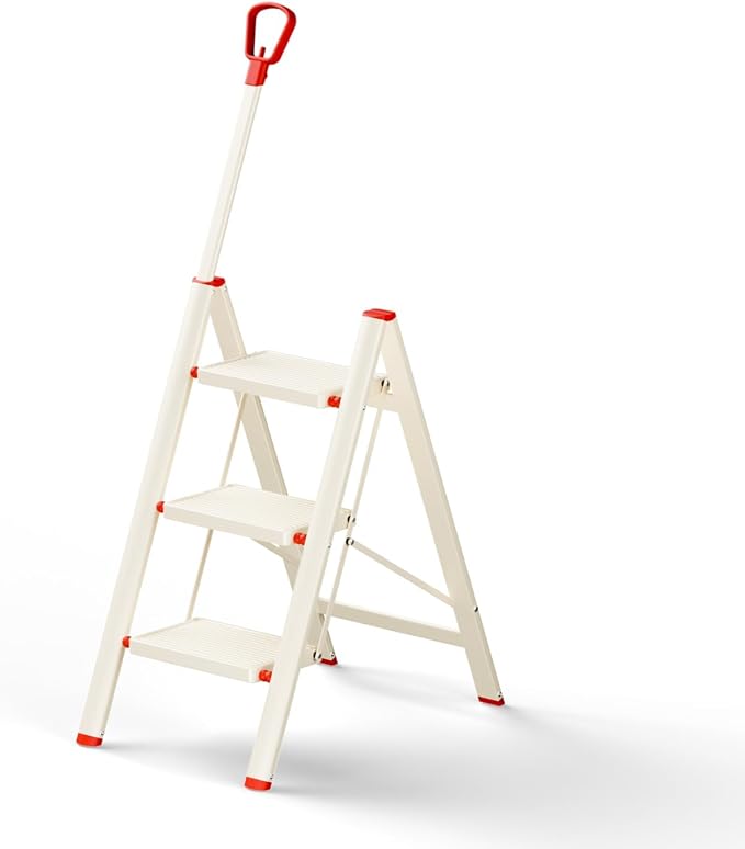 ASPERALD 3 Step Ladder with handrails,Foldable Step Stool with Anti-Slip Wide Pedals for Home Kitchen Closet,3 Step Ladder Folding Step Stool Long Handle Beige