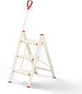 ASPERALD 3 Step Ladder with handrails,Foldable Step Stool with Anti-Slip Wide Pedals for Home Kitchen Closet,3 Step Ladder Folding Step Stool Long Handle Beige