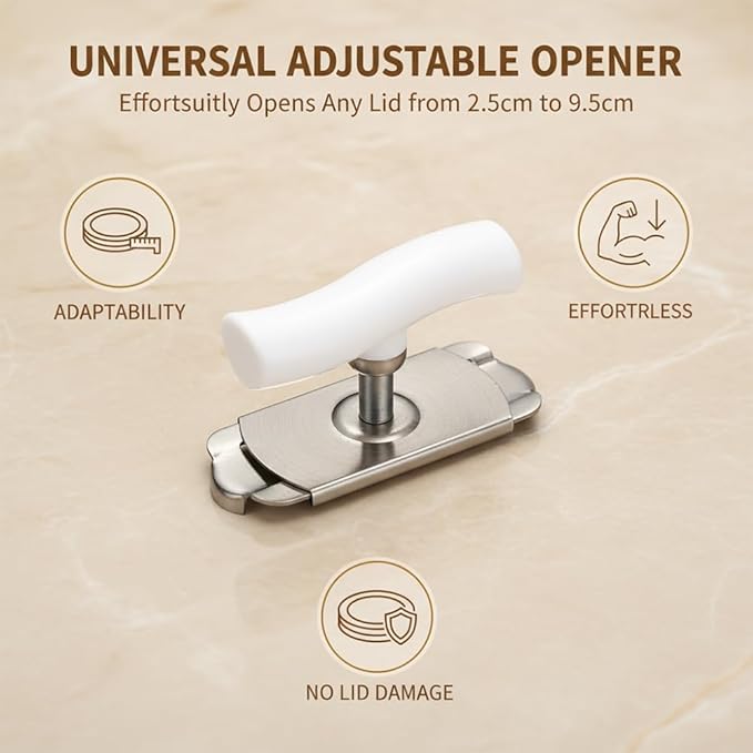 Stainless Steel Jar Opener: Adjustable Manual Jar Lid Opener for Seniors - Manual Gripper for Weak Hands, Easy Kitchen Tool for Medium & Large Jars (white)
