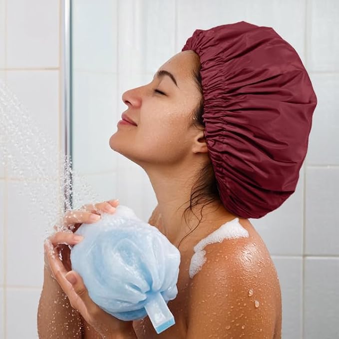 Reusable Shower Cap for Women, Large Waterproof Shower Bonnet with Elastic Band, Washable Bath Hair Cap for Long, Curly Hair, Braids, Daily Shower, Home Spa, Travel(Burgundy)