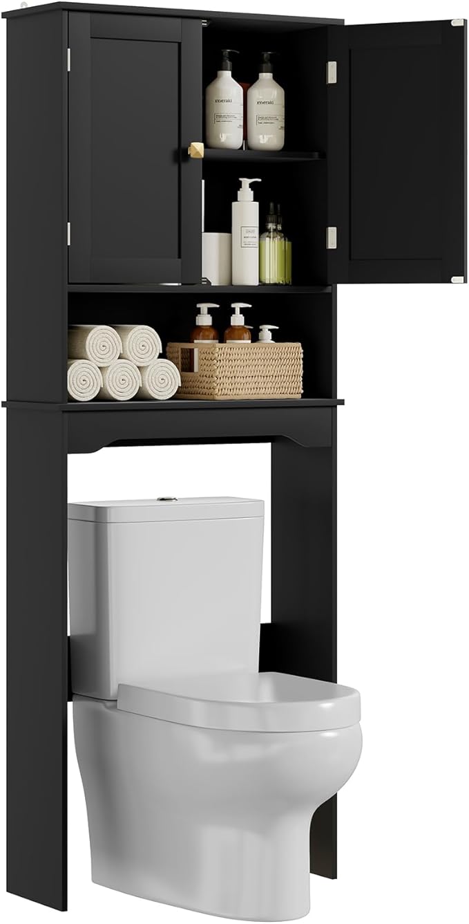 RRX Bathroom Over The Toilet Storage Cabinet, Above Toilet Cabinets Organizer, 24.8" L x 9.1 "W x 65.7 "H Free Standing Toilet Rack with Adjustable Shelf and Open Storage(Black)