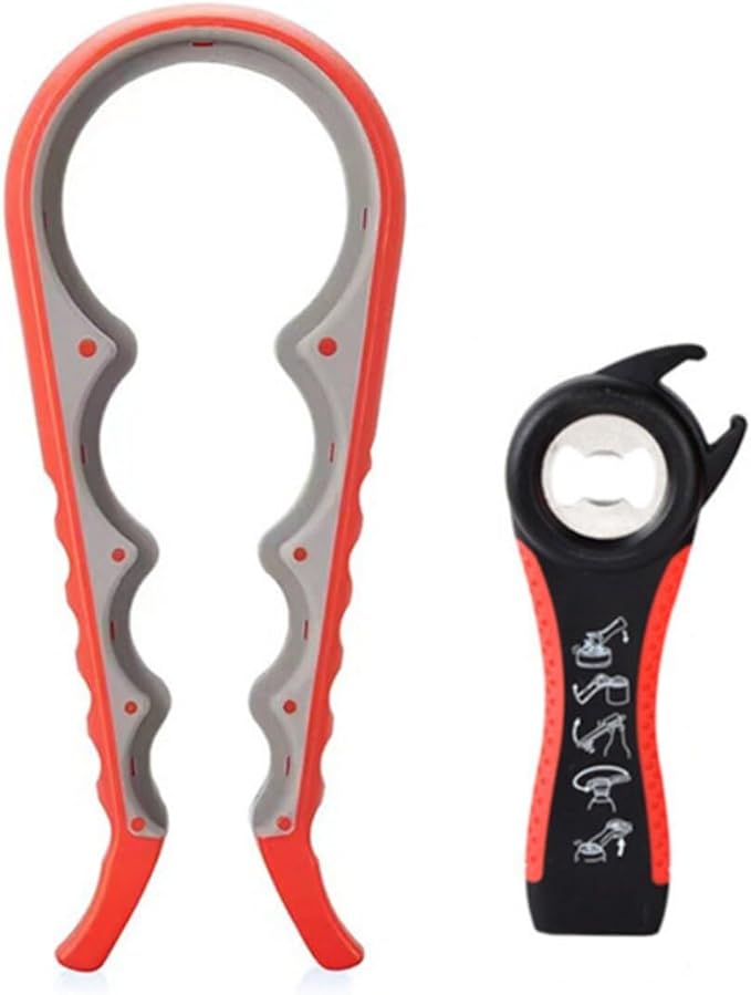Multi-Grip Jar Opener and Bottle Opener Tool, Ergonomic Design with Non-Slip Handles, (red and grey)